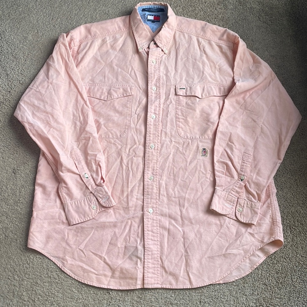 👔 Vintage Tommy Hilfiger Crest Button Down Shirt Pink 90s Mens L